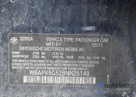 2011 BMW 328I xDrive z USA, uszkodzony, nr VIN WBAPK5G52BNN25149